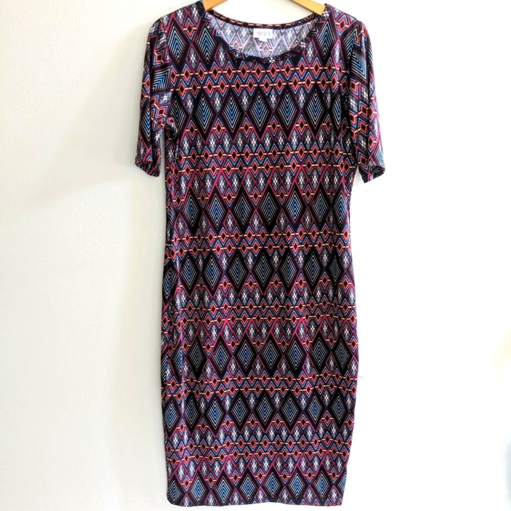 🌼LuLaRoe Geometrical Pattern Julia Dress in Black, Maroon, Teal, Size Large